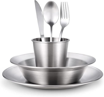 Odoland Stainless Steel Camping Mess Kit for Family & Person, Cooking Tableware Utensils with Plates Bowls Forks Spoons Knives & Savings Bag for Camping, Backpacking, Hiking, Picnic