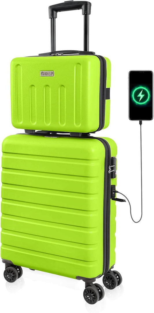 AnyZip Suitcase, 20" Carry On Luggage 14" Mini Cosmetic Cases Luggage Sets Hardside PC ABS Lightweight USB Suitcase with Wheels TSA (2 Piece Set 14/20, AppleGreen)