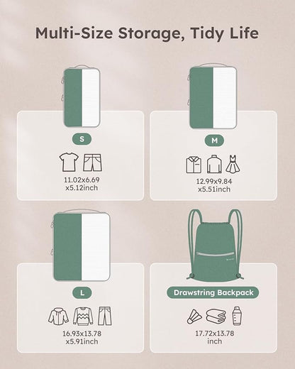 4 Set Compression Packing Cubes for Travel, Bonus Versatile Drawstring Backpack, Lightweight Luggage Organizer Bags, Sturdy Travel Accessories for Suitcase, Dark Green