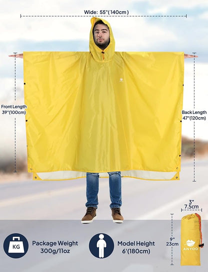 ANYOO Hooded Rain Poncho for Adults Waterproof Lightweight Rain Coat for Men Women Reusable Rain Jacket for Emergency Outdoor