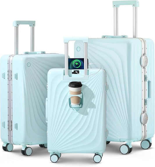 3-Piece Hardside Luggage Sets Aluminum Frame, 20+24+28 Inch Suitcases with USB Charging Port, Foldable Cup Holder, TSA Locks & Spinner Wheels for Travel, Mint Green