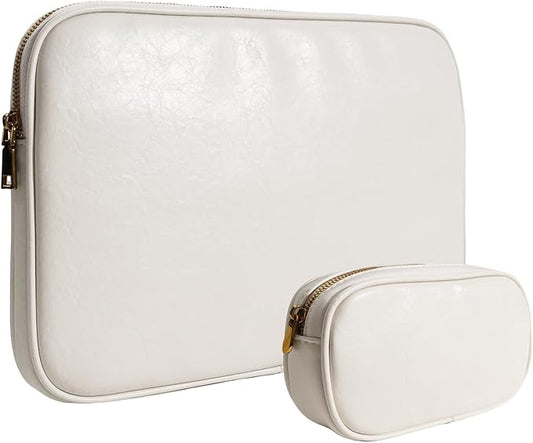 PU Leather Padded Laptop Sleeve Bag 13Inch Compatible with 2024 MacBook Air 13.6 A3113 M3 A2681,New MacBook Pro 13 M2 A2686 with Charger Pouch Color White