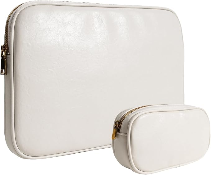 PU Leather Padded Laptop Sleeve Bag 14Inch Compatible with New MacBook Pro 14，Surface Laptop 13.5, Surface Pro 10 with Charger Pouch Color White