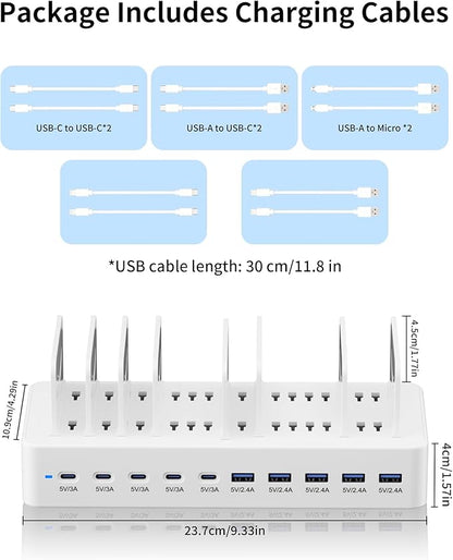 100W Charging Station for Multiple Devices, 10-Port USB Fast Charging Station with Adjustable Dividers & 10 Cables- Multi Device Organizer Charging Dock for iPhone, iPad, Tablets & More