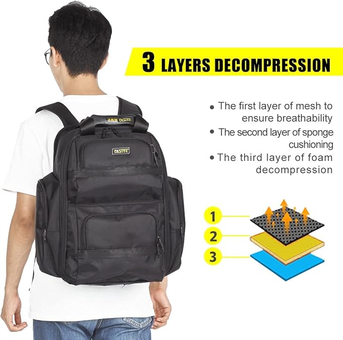 FASITE Tool Bag Backpack - Heavy Duty Professional Storage & Organizer for Contractor, Electrician, Plumber, HVAC, Large Front Flap Fit 13" -17" Laptops Notebook, Black