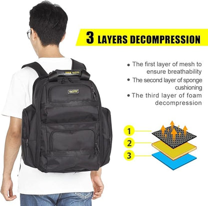 FASITE Tool Bag Backpack - Heavy Duty Professional Storage & Organizer for Contractor, Electrician, Plumber, HVAC, Large Front Flap Fit 13" -17" Laptops Notebook, Black