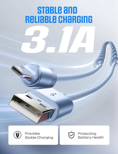 LISEN Coiled USB C Cable, 2 Pack for Android Auto & CarPlay Cable, Short USB A to USB C Cable Compatible with iPhone 17/16/15, Samsung Galaxy S25/S24/S23 A15/A14, Google Pixel 9/8, Blue 4FT
