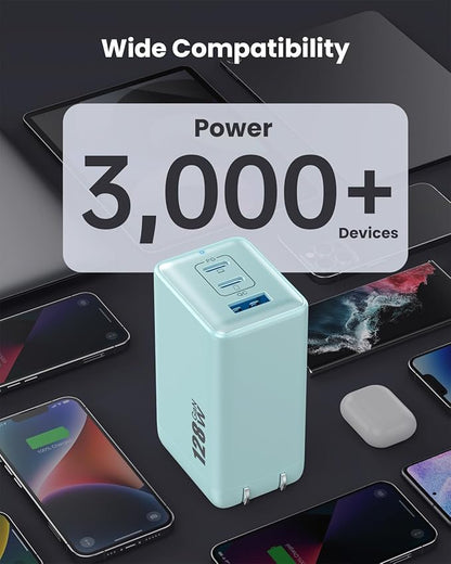 128W USB C Wall Charger,GaN III 3-Port Fast Charging Station,PD QC Foldable Charger Block Portable 65W Laptop Adapter for MacBook Pro/Air,iPad Pro,Galaxy S23,Dell XPS 13,iPhone 17/16/Pro etc