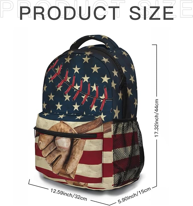 American Flag Baseball Print Backpack, Laptop Backpack with Multiple Pockets for Adult Hiking Travel Work 17 Inch