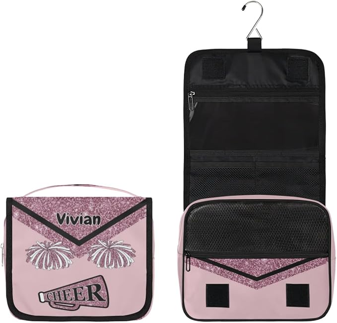 Custom Name Cheer Toiletry Bag Travel Bag with Hanging Hook, Makeup Cosmetic Bag Travel Full Sized Container Organizer for Shampoo, Toiletries, Dark Pink Glittering Cheerleading