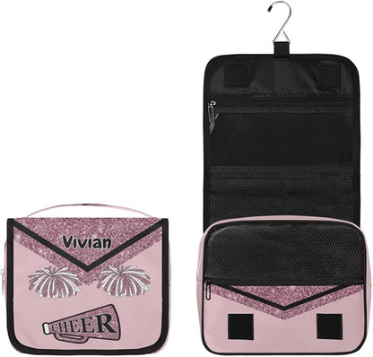 Custom Name Cheer Toiletry Bag Travel Bag with Hanging Hook, Makeup Cosmetic Bag Travel Full Sized Container Organizer for Shampoo, Toiletries, Dark Pink Glittering Cheerleading