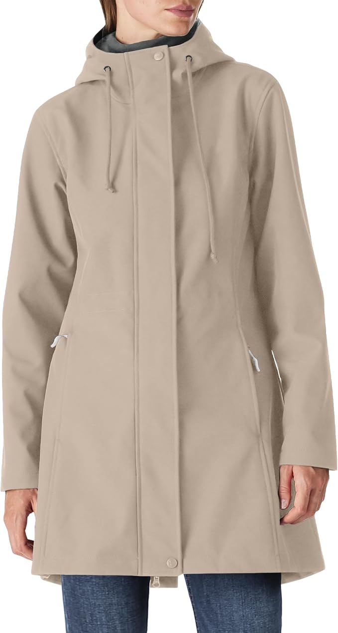 Outdoor Ventures Women's Lightweight Waterproof Fleece Lined Hooded Softshell Rain Jacket, Warm Windbreaker Long Coat