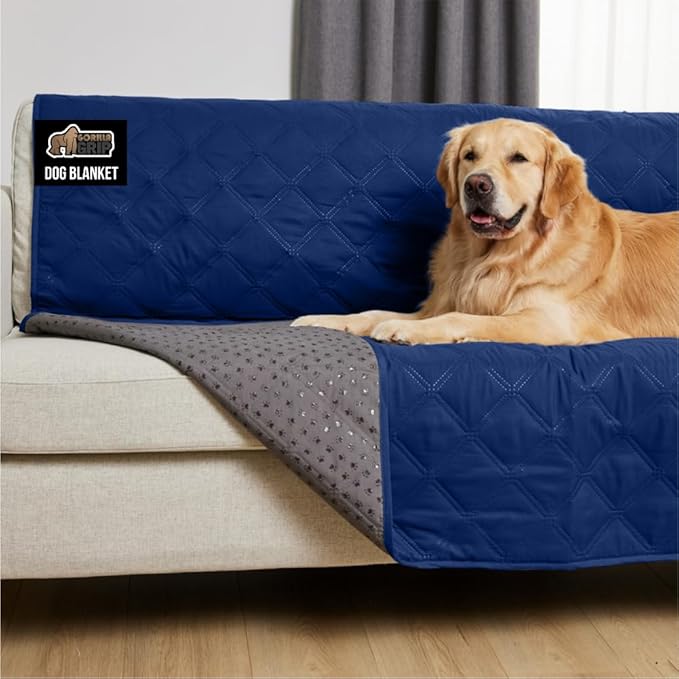 GORILLA GRIP Waterproof Bed Cover for Dogs, 82x68, Gripped Slip Resistant Backing, Leak Proof Washable Dog Blanket Covers Sofa, Couch, Sectional, Crate, Car, RV Seats, Pet Puppy Essentials, Navy Blue