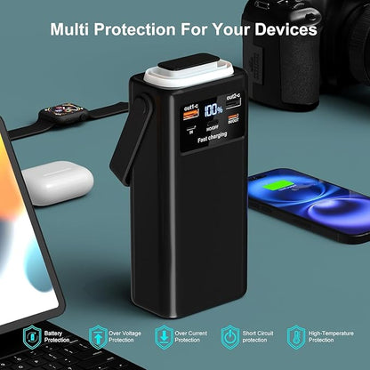 Power Bank 52800mAh PD 35W High Capacity Battery Pack with Built-in 4 Cables & LED Flashlight - 8 Port Portable Charger for Travel, Outdoor, and Multiple Device Charging