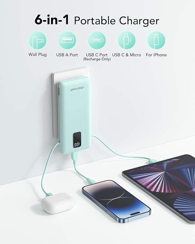 charmast Portable Charger with Built-in Cables and Plug, 10000mAh USB C Power Bank Fast Charging, External Battery Pack Slim, Travel Essentials Compatible with iPhones, Samsung Galaxy, iPad