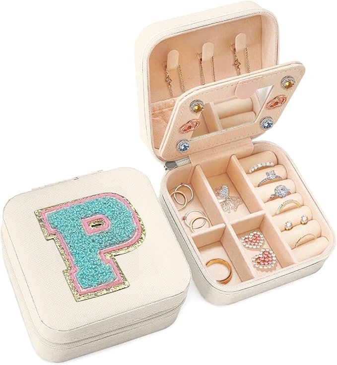 SANDJEST Personalized Jewelry Box, White Travel Jewelry Box with Initial P, Small Monogrammed Jewelry Case Organizer for Girls Women Teen Kids, Mini Travel Essentials Gifts for Birthday Christmas