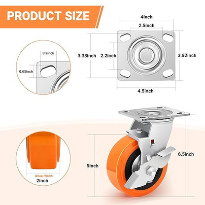 5 Inch Heavy Duty Casters - Industrial Casters with Upgraded Thickened Bracket Set of 4, Polyurethane Wheel Capacity up to 3500 lbs, Plate Swivel Caster Use for Indoor and Outdoor(4 Brake)