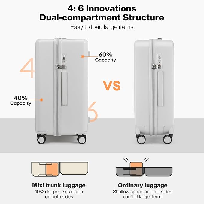 mixi 24'' Plus Trunk Luggage Medium Checked Luggage PC Hard Shell Rolling Travel Suitcases with Spinner Wheels & TSA Lock, Smoke White