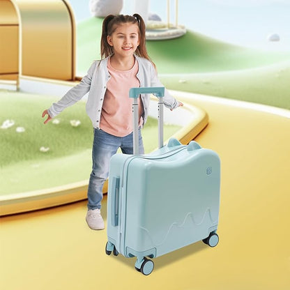 18" Ride-On Kids Suitcase with Double Spinner Wheels, Lightweight Tow-Along Luggage Carry-on Hardside Trolly Case with Password Lock, Rolling Children's Travel Luggage for Travel, School (Blue)