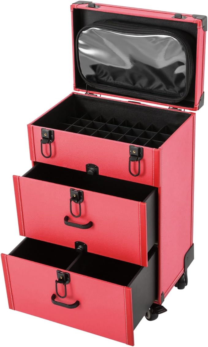 Rolling Makeup Case w/ 2 Keys, 3-tier Lockable Makeup Train Case w/ Drawers, Removable Baffle Nail Polish Organizer, Travel Cosmetic Case w/ 15-34in Telescopic Rod, 14.2*9*39.76in, Black Latch+Rose