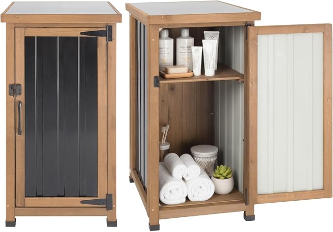 33.5" H Small Storage Corner Floor Cabinet, 2 Shelf Narrow Storage Unit with Adjustable Shelves, Metal Top for Organizing Garage, Pool, Laundry Room,Planting Work Station or Small Spaces
