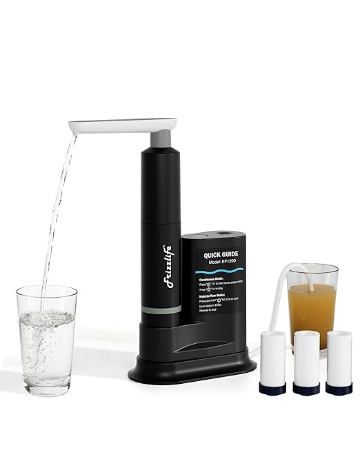 Frizzlife Electric Water Filter Camping, 0.01μm Ultrafiltration 7-Stage Portable Water Filter, Rechargeable Water Purifier for Camping, Survival, Backpacking,Hiking & Emergency,3pcs Pre-Filters,EF1200