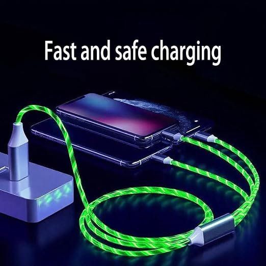 USB Cable PD Fast Charger Lighted Up (USB 3IN1 Green),Phone Data Cable, Flowing Light Charging Cable, 39-inch, TPE Material, Compatible with Almost All Phones, Tablets, and Headphones.