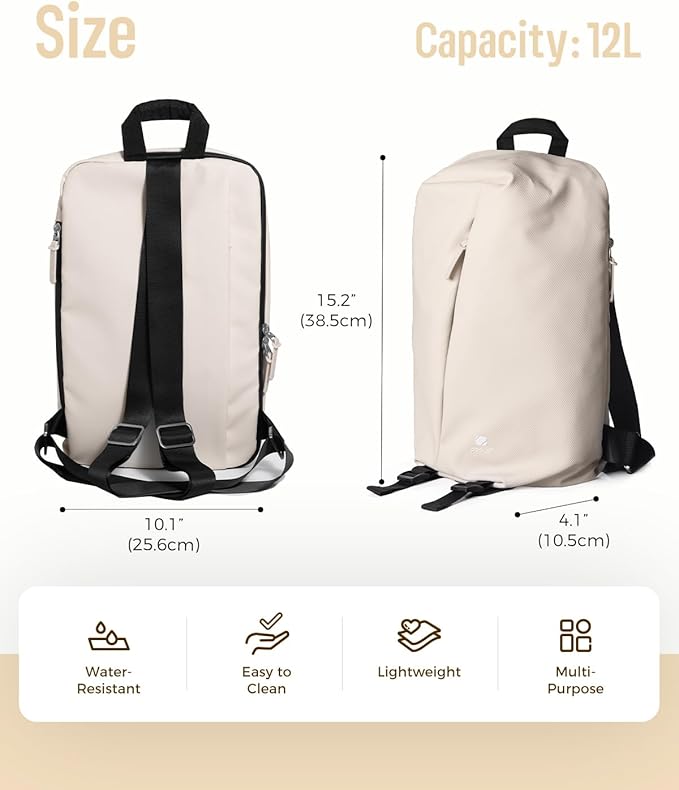 pack all 12L Water-Resistant Backpack, Lightweight Daypack for Men & Women, Hiking & Travel Backpack with Multiple Pockets, Compact for College, Sports, Cycling (Light Beige)