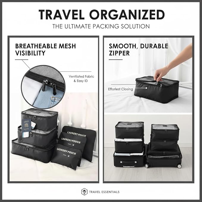 6-Piece Travel Packing Cubes Set - Luggage Organizer Bags with Mesh & Solid Pouches - Waterproof & Dustproof Storage for Clothes & Essentials (Navy Blue)
