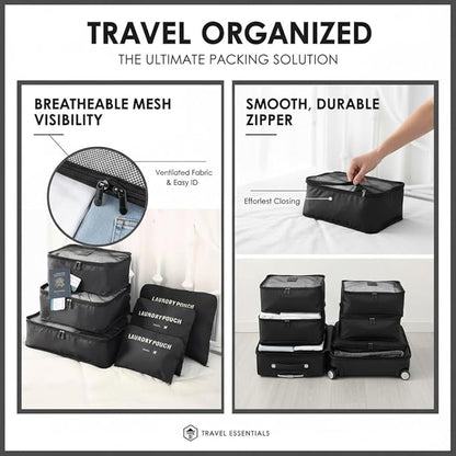 6-Piece Travel Packing Cubes Set - Luggage Organizer Bags with Mesh & Solid Pouches - Waterproof & Dustproof Storage for Clothes & Essentials (Black)