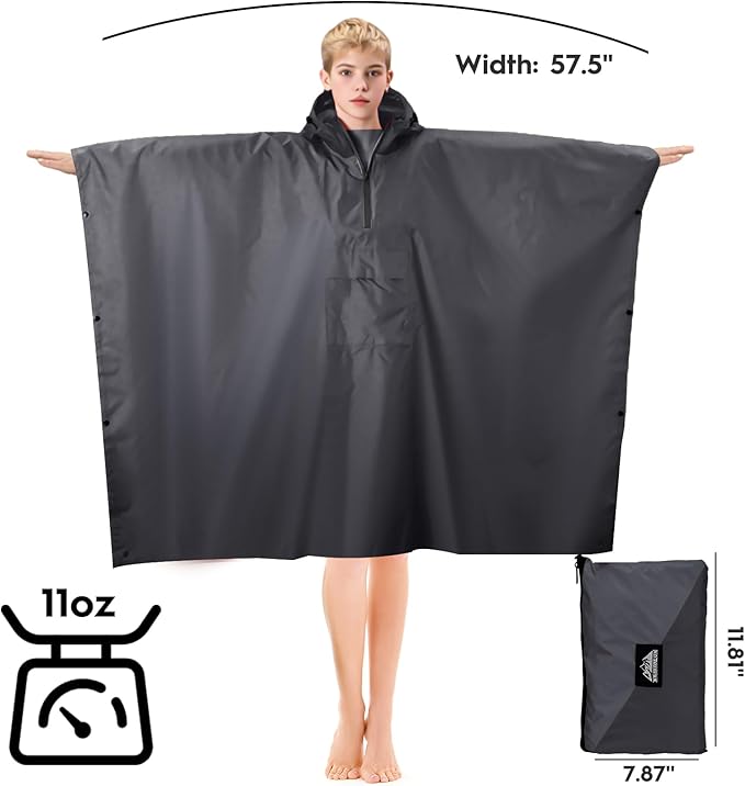 Bruvoalon 3-in-1 Rain Poncho with 1/4 Zip & Chest Pocket, Waterproof, Sunshade, Ground Mat for Adults & Youth Emergency