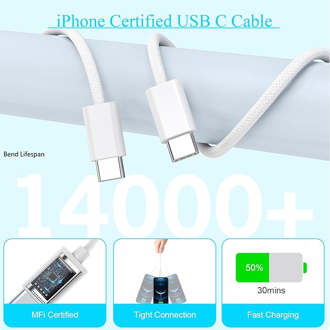 10FT Woven Cable for Apple 17 16 15, 60W 10Foot USB C to Type C Braided Charger Cable Cord & 20W USB C Charger Block Cube Travel Plug Super Quick Charging for iPhone 17 16 15/Plus/Pro/Pro Max,iPad Pro