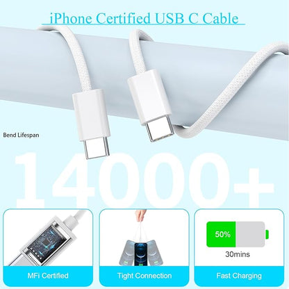 10FT Woven Cable for Apple 17 16 15, 60W 10Foot USB C to Type C Braided Charger Cable Cord & 20W USB C Charger Block Cube Travel Plug Super Quick Charging for iPhone 17 16 15/Plus/Pro/Pro Max,iPad Pro