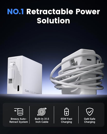 Gitryin 65W USB C Retractable Wall Charger with Built-in Type-C Cable, 2-in-1 Foldable Fast Charger Block, Travel Essentials Compatible for Laptop, MacBook Pro/Air, iPhone 16/15, iPad, Galaxy, Pixel