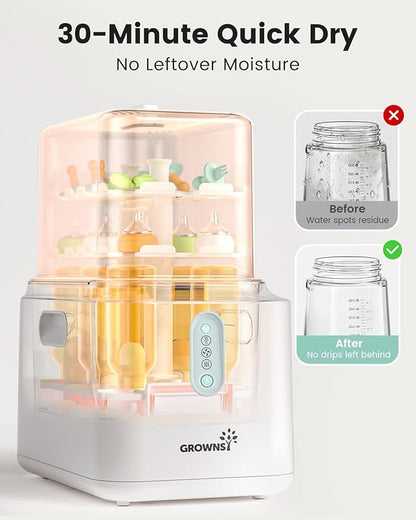 Grownsy 3 Layers Large Capacity Bottle Sterilizer and Dryer, 45% Faster Electric Steam Sterilization, Universal Bottle Sterilizer for Baby Bottles, Breast Pump Parts, Glass & Plastic, Compact Design