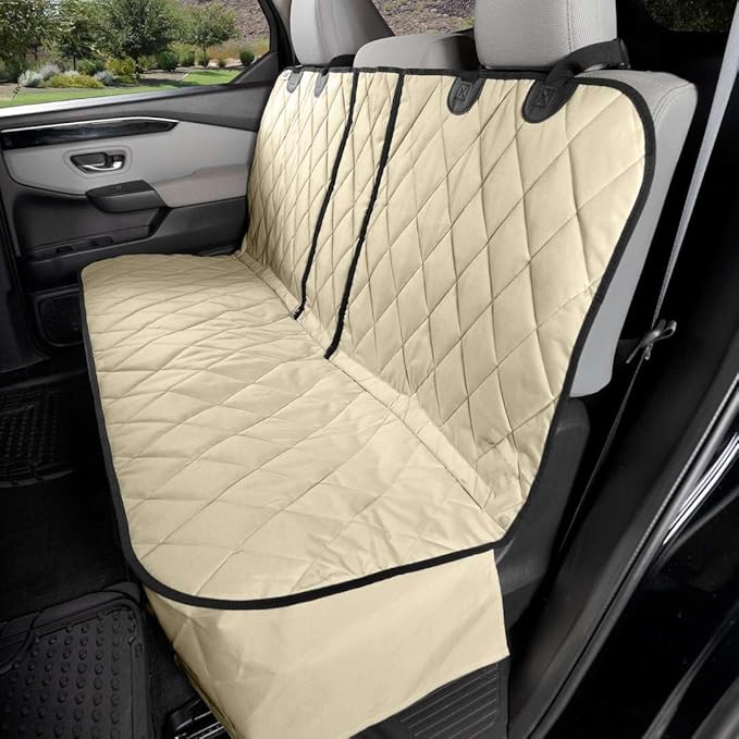 4Knines Dog Seat Cover for Back Seat, Heavy Duty Waterproof Rear Seat Protector for Small Trucks, SUVs, & Cars, Fits 60/40 Split Bench with Middle Seat Belt, Non-Slip Dog Backseat Cover (Regular, Tan)