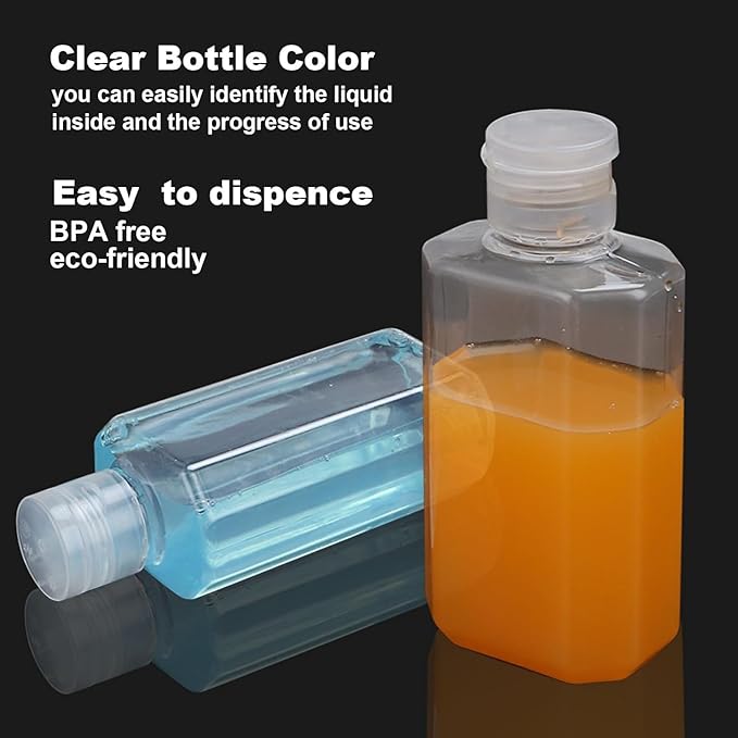 100PCS Mini Size Travel Bottles 2oz Travel Shampoo Plastic Empty Bottles, Refillable Cosmetic Containers with Flip Cap Clear Portable Small Bottles for Liquid, Lotions, Cream, Toner, Body Soap