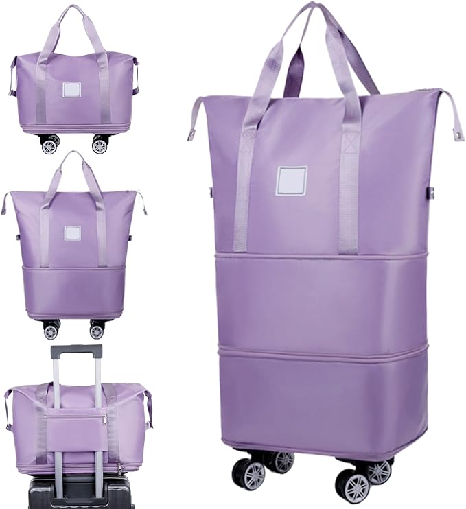 Rolling Duffle Bag with Wheels and Handle, Expandable Foldable Luggage Bag Purple