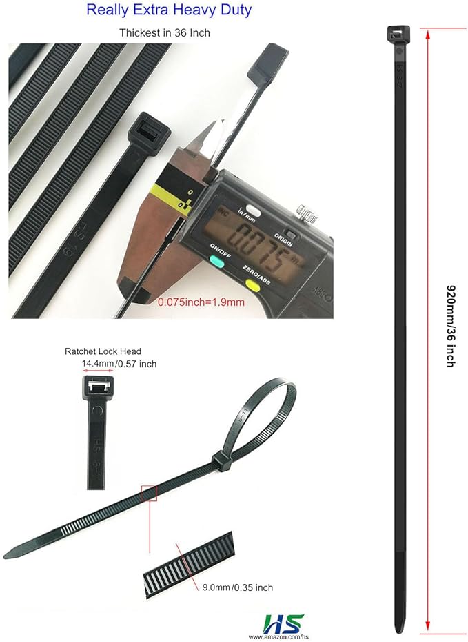 Case of 30 Packs,50/Pack,HS Premium Heavy Duty Cable Tie Straps Plastic Outdoor Strong Large Zip Ties 30x0.35 Inch,Industrial Zip Ties 200 Pound Strength UV Black