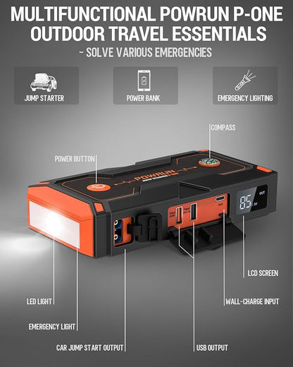 Powrun P-ONE Jump Starter, 2000A Portable Jump Box - Car Jump Starter Battery Pack for up to 8.0L Gas and 6.5L Diesel Engines, 12V Battery Jump Starter with Carry Case (Orange)