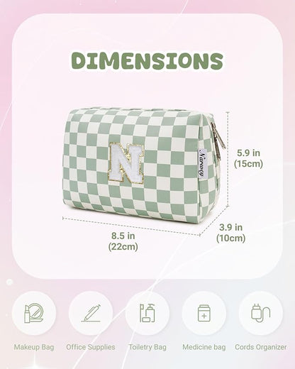 Narwey Birthday Gifts for Teen Girls Kids Women Personalized Initial Checkered Makeup Bag Preppy Cosmetic Bag Trendy Stuff 6 8 10 11 12 13 14 16 18 Years Old Travel Toiletry Bag (Green Letter N)