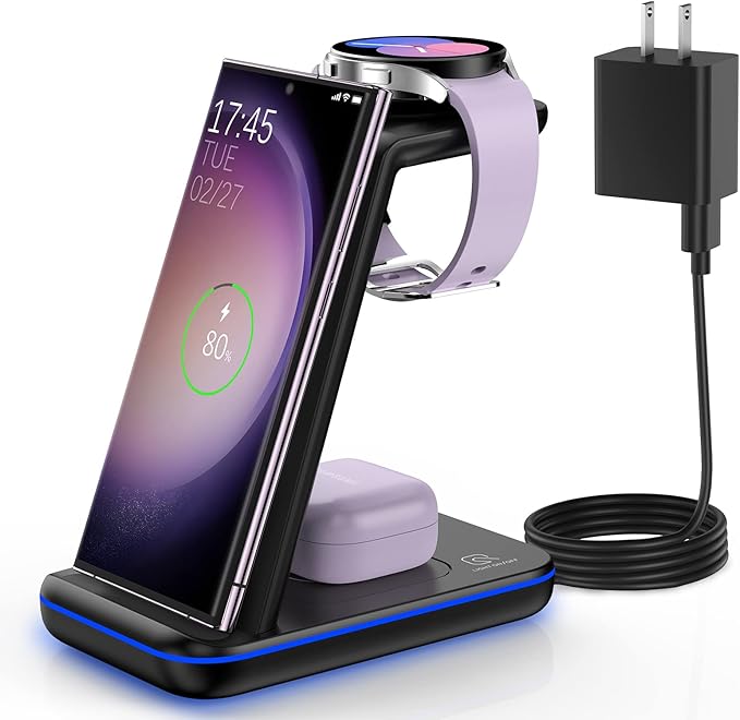 Wireless Charging Station for Samsung/Android, Fast Wireless Watch Charger Station Compatible for Samsung Galaxy S25 Ultra/S24/S23+/Z Flip 7/6 Fold 7/6, Watch8/7/Pro/Active 2 Galaxy Buds3/2 Pro(Black)