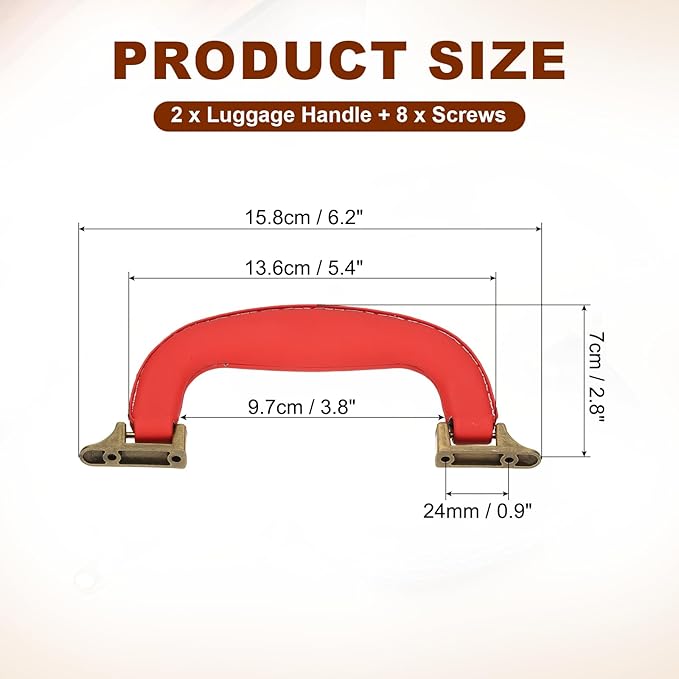 uxcell 2 Pcs PU Leather Luggage Handle, 0.9" Hole Distance Vintage U-Shape Replacement Strap Handle for Travel Handbag Guitar Musical Box Gift Boxes, Red/Bronze