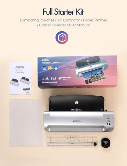 13-Inch Thermal & Cold Laminator Machine, Quick Warm-Up, 3 Temp Settings, Jam-Free ABS, Built-in Paper Trimmer & Corner Rounder, 10 Laminating Pouches, for Home Office School