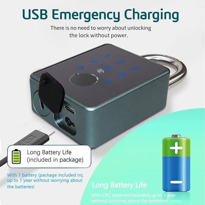 Combination Padlock,Fingerprint Bluetooth Padlock, Mobile APP, Smart Padlock, Touchscreen,Water Resistant, Suitable for Gym,Outdoor,Warehouse, Sports,Suitcase, Bike, School, Fence and Storage
