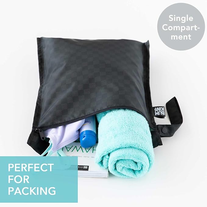 Bumkins - Waterproof Wet Bag & Wet/Dry Clutch Bags - For Beach, Baby, Travel, Swim Suit, Cloth Diapers, Pump Parts, Pool, Gym, Toiletries - Reusable & Easy to Clean - Black Check - 2 Pack
