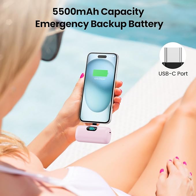 Mini Portable Charger USB C Power Bank,Upgraded 5500mAh PD Fast Charging Battery Pack Built-in USB-C Connector Travel Essential for iPhone17/17Pro/17Pro Max/Air/16 Plus/16Pro Max/15 Series,Android etc