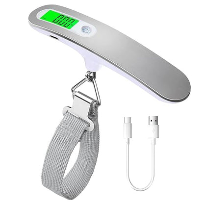 Rechargeable Digital Travel Scale with Strap for Luggage Suitcase Baggage Weighing, Weight Max up to 110 Lbs/50kg & LCD Display Screen Design,USB Type-C Port (Silver)