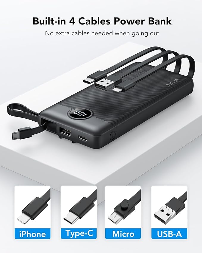 VRURC Portable Charger with Built in Cables, Slim Power Bank 10000mAh, USB C Battery Pack Travel Essential, 5 Outputs 2 Inputs Phone Charging Bank for iPhone 16 15 14 13,Samsung,Android-Black(1 Pack)