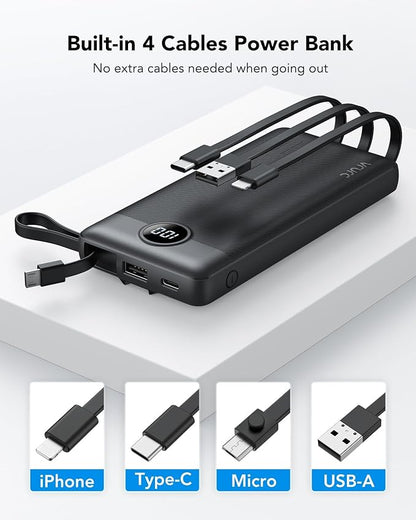 VRURC Portable Charger with Built in Cables, Slim Power Bank 10000mAh, USB C Battery Pack Travel Essential, 5 Outputs 2 Inputs Phone Charging Bank for iPhone 16 15 14 13,Samsung,Android-Black(1 Pack)